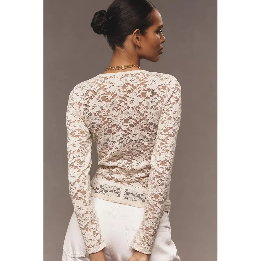 By Anthropologie Long Sleeve Lace Crew Neck Top, SMALL Almond Floral Sheer boho